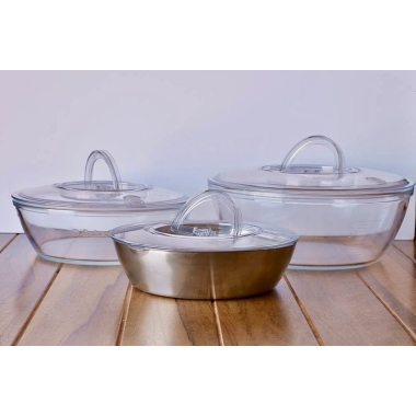 Set of 3 Multi-Use Bowls with Lids: 2.5L, 4.5L Borosilicate and 1.65L Stainless Steel Bowl